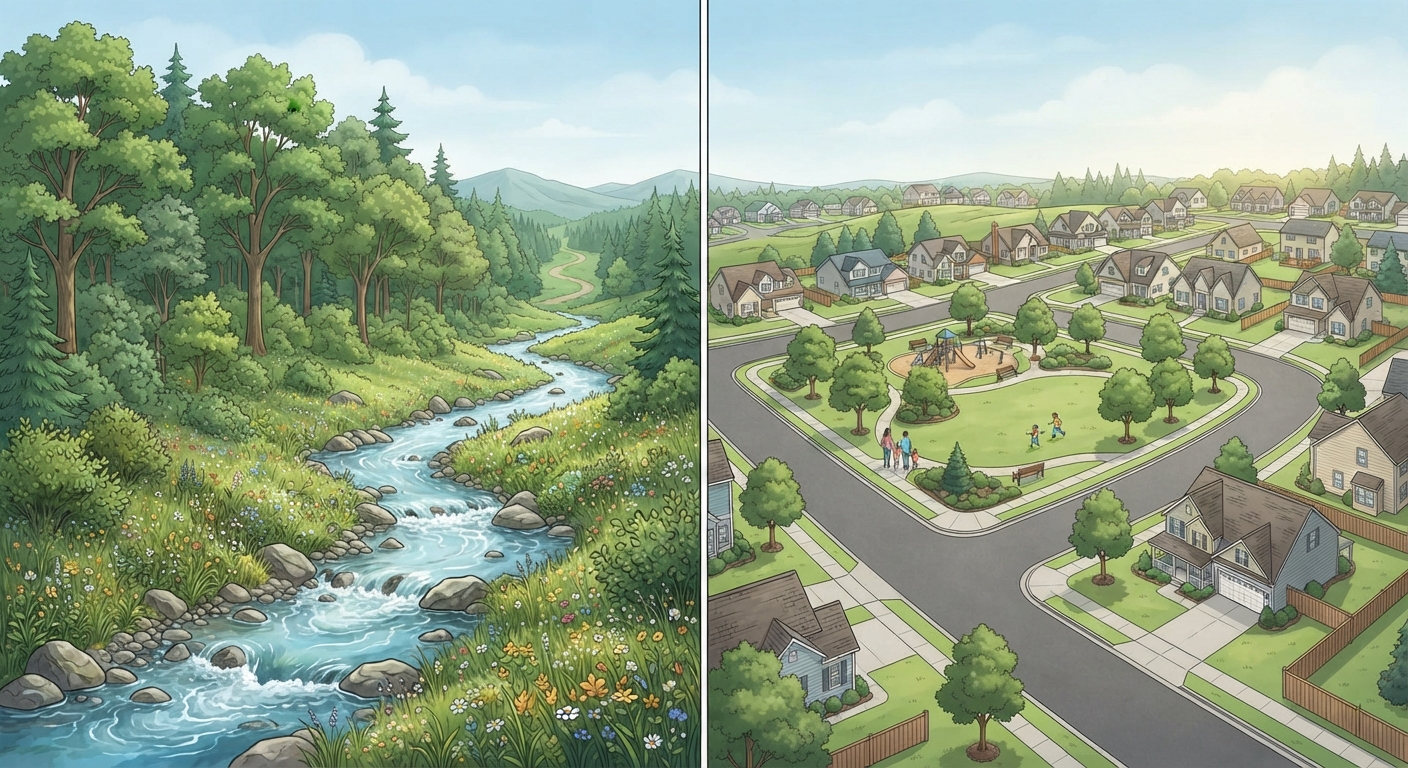 Describe the effects of human processes such as building new homes, conservation, and pollution in shaping the landscape video lesson thumbnail