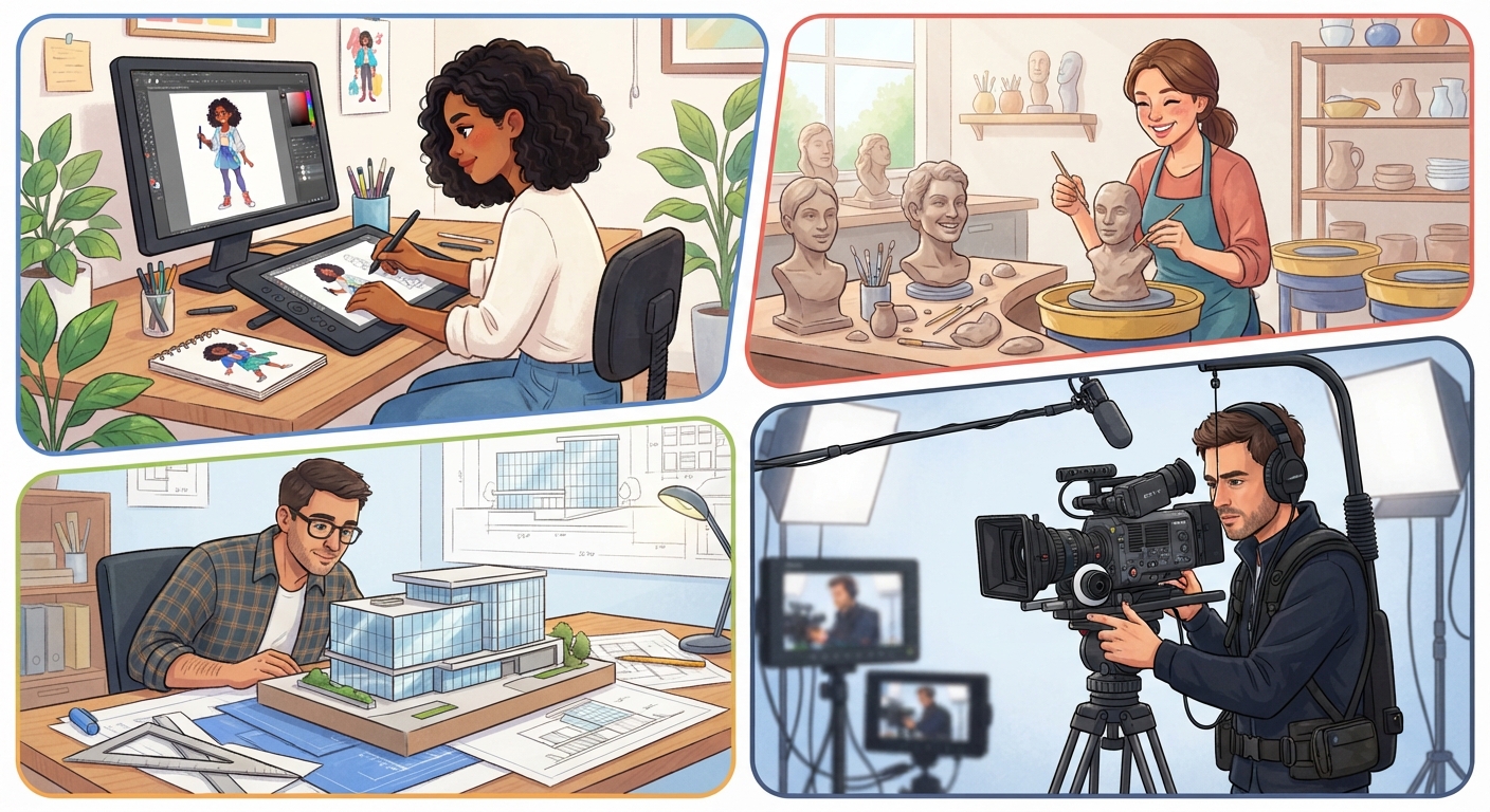 Connect art to career opportunities for positions such as architects, animators, cartoonists, engineers, fashion designers, film makers, graphic artists, illustrators, interior video lesson thumbnail