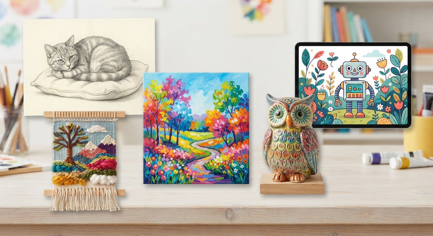 Produce drawings; paintings; prints; sculpture, including modeled forms; and other art forms such as ceramics, fiber art, constructions, mixed media, installation art, digital art video lesson thumbnail
