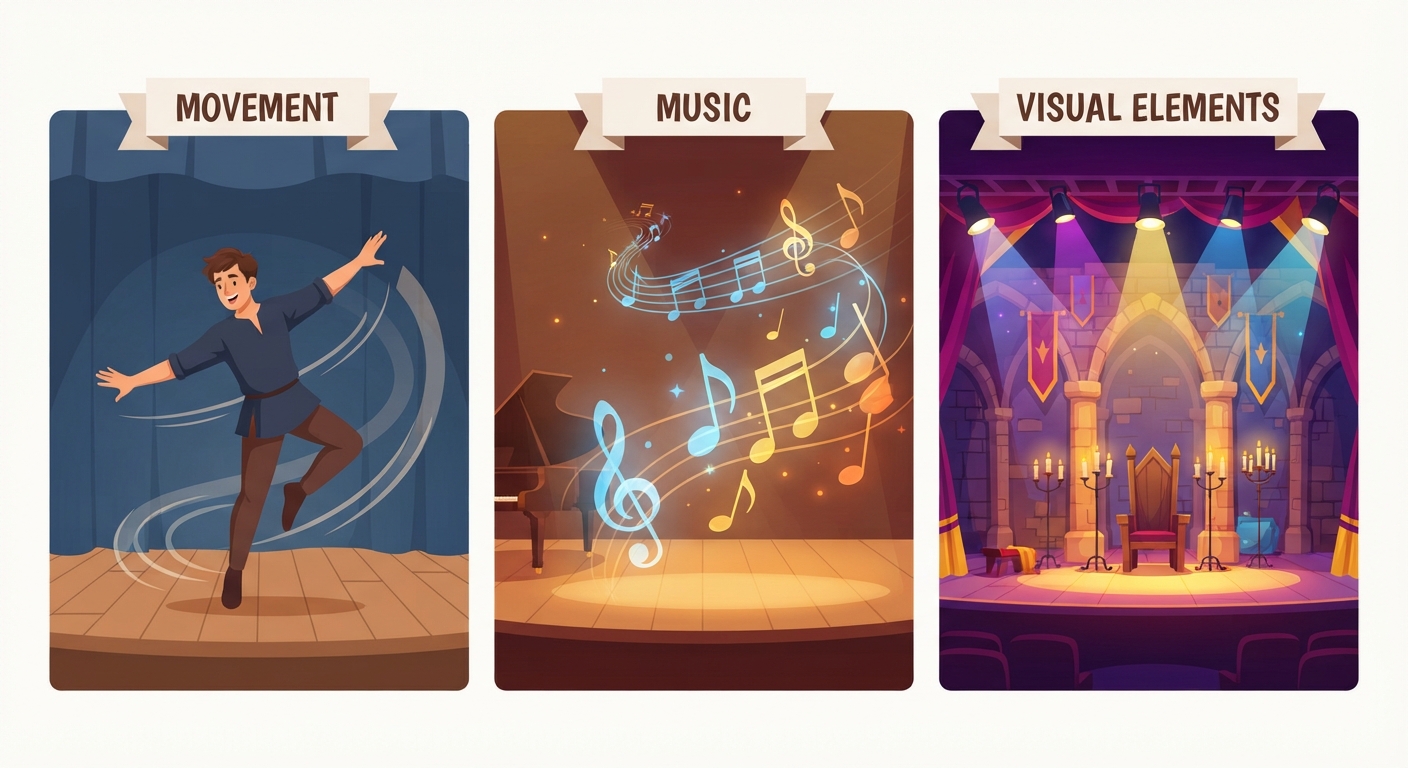 Identify and discuss how movement, music, or visual elements enhance ideas and emotions depicted in theatre video lesson thumbnail