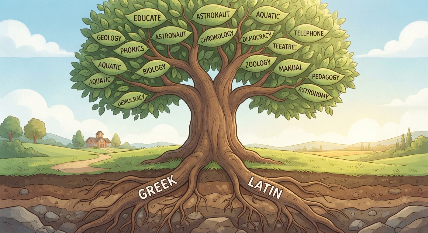 Determine the meaning and usage of grade-level academic English words derived from Greek and Latin roots such as ast, qui, path, mand/mend, and duc video lesson thumbnail